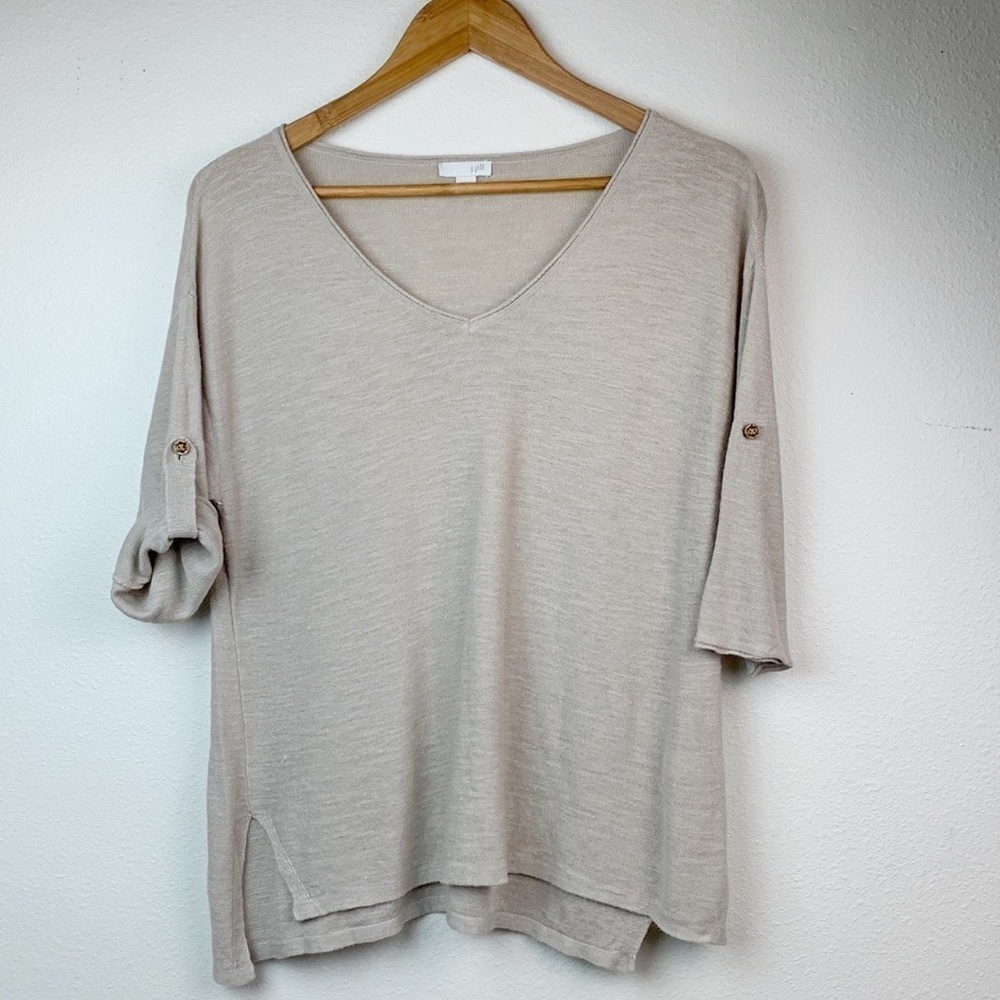 J. Jill linen blend V neck roll sleeve lightweight sweater knit V neck tunic top